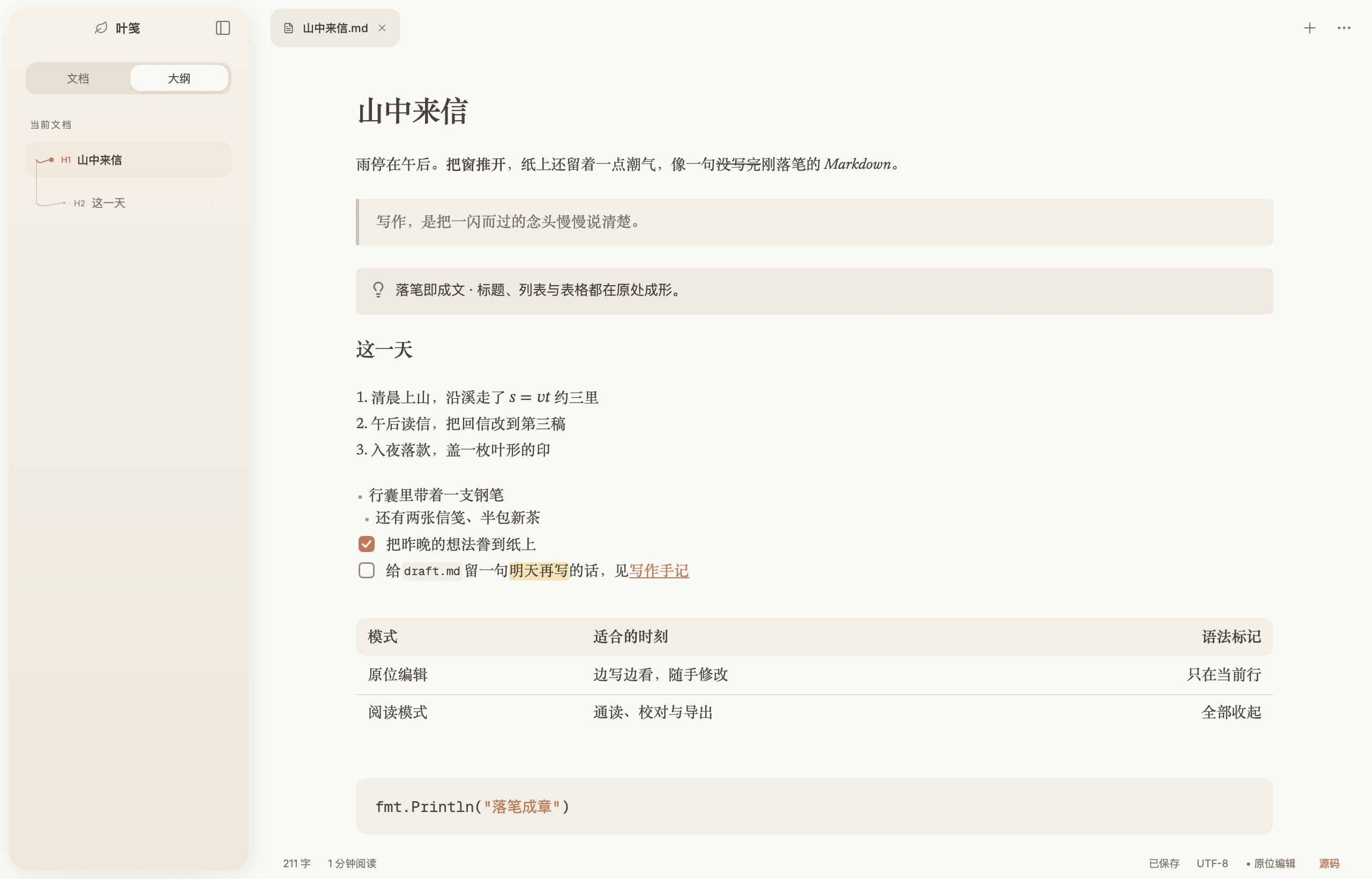 叶笺浅色主题的编辑界面：左侧为大纲侧栏，右侧是原位渲染的 Markdown 文档，含标题、引用、提示块、任务列表、表格与代码块